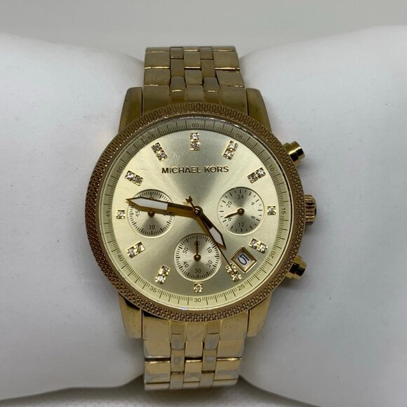 Michael Kors Women MK5676 date Chronograph Gold Tone Quartz 37mm 7” running - Picture 1 of 9